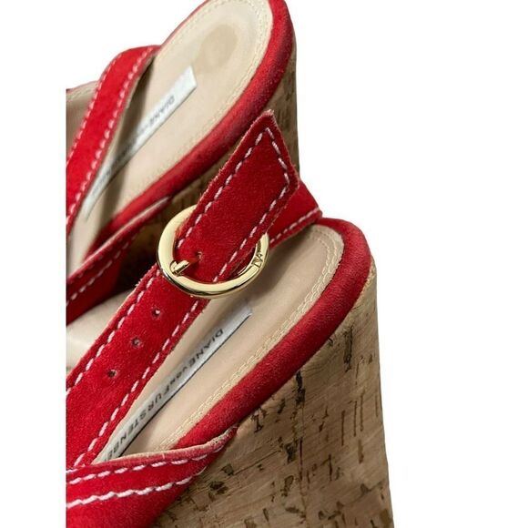 Diane Von Furstenberg DVF 'Julia' Heel in Red Suede Wedge Cork Heels 9.5 - Picture 5 of 11
